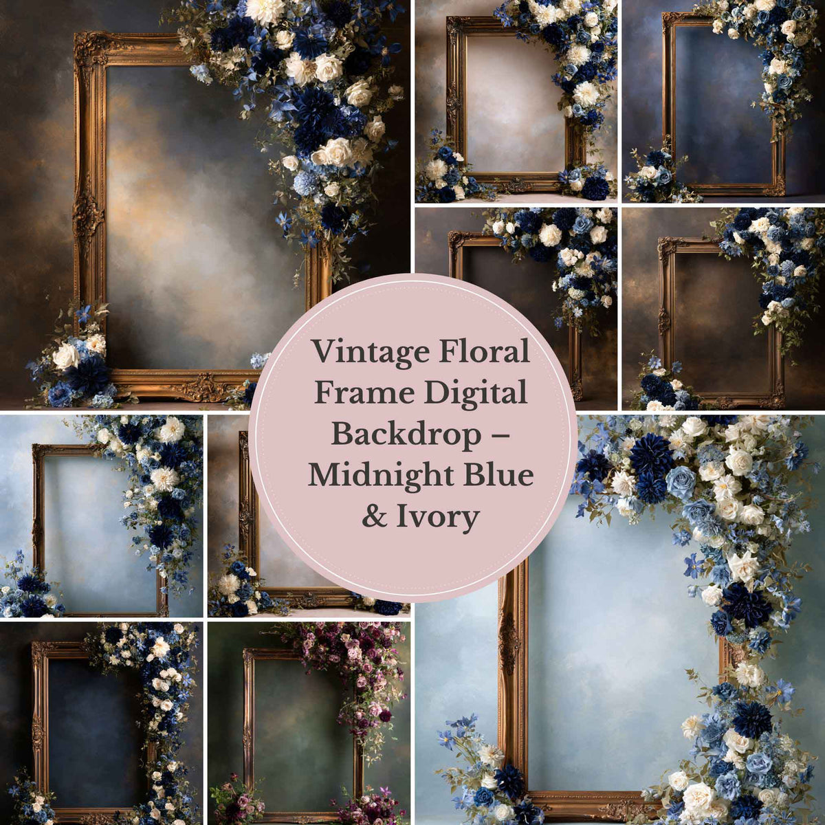 Vintage Floral Frame Digital Backdrop Collection – Midnight Blue &amp; Ivory Fine Art Photography Backgrounds