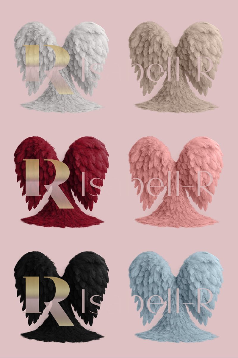 Angel Wings Overlay Set – 6 Soft Feathered Wings in White, Sand, Red, Dusty Pink, Black & Light Blue - Mii - Estilo