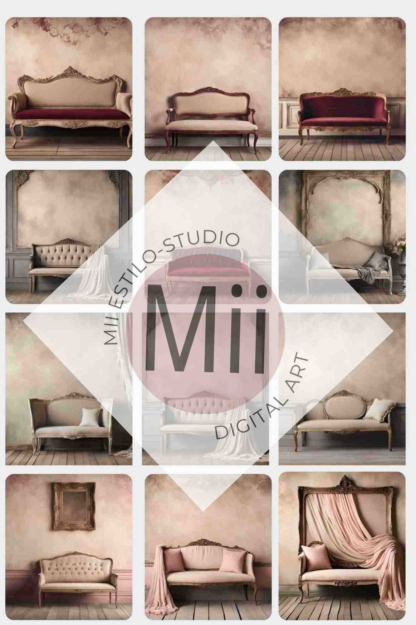 Anjer Elegant Vintage Sofa Digital Backdrop – Luxurious Rococo - Inspired Photography Background for Photoshop - Mii - Estilo