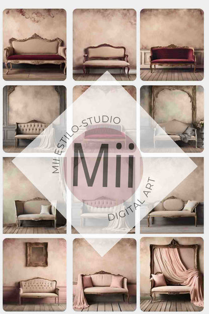 Anjer Elegant Vintage Sofa Digital Backdrop – Luxurious Rococo - Inspired Photography Background for Photoshop - Mii - Estilo