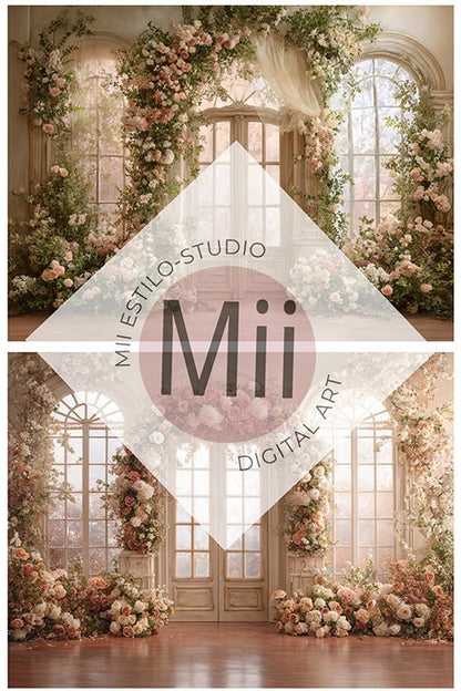 Anthurium Romantic Floral Doorway Digital Backdrop – Vintage Arched Entrance with Elegant Flowers for Photography - Mii - Estilo