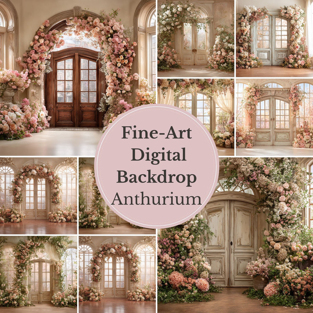 Anthurium Romantic Floral Doorway Digital Backdrop – Vintage Arched Entrance with Elegant Flowers for Photography - Mii - Estilo