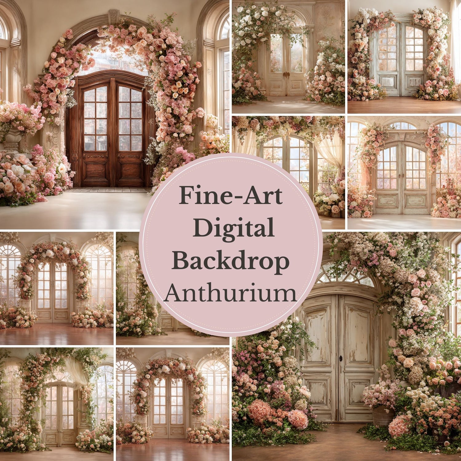 Anthurium Romantic Floral Doorway Digital Backdrop – Vintage Arched Entrance with Elegant Flowers for Photography - Mii - Estilo