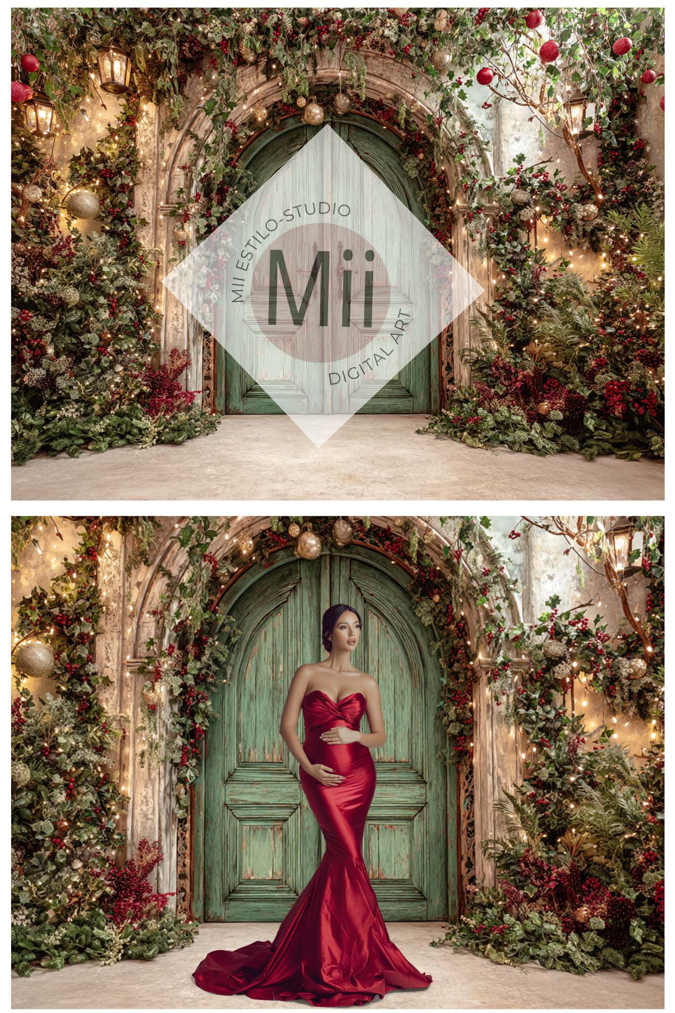 Christmas Green Doors Digital Backdrop Collection – Fine Art Holiday Backgrounds for Family and Portrait Photography - Mii - Estilo