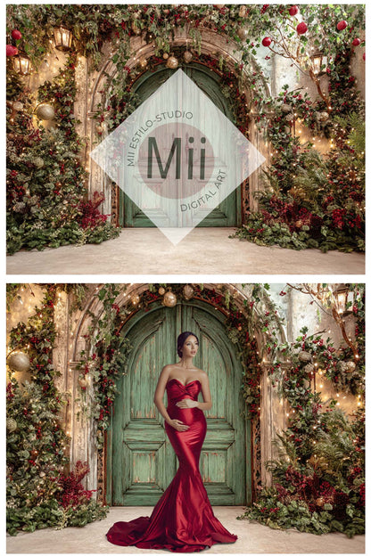 Christmas Green Doors Digital Backdrop Collection – Fine Art Holiday Backgrounds for Family and Portrait Photography - Mii - Estilo