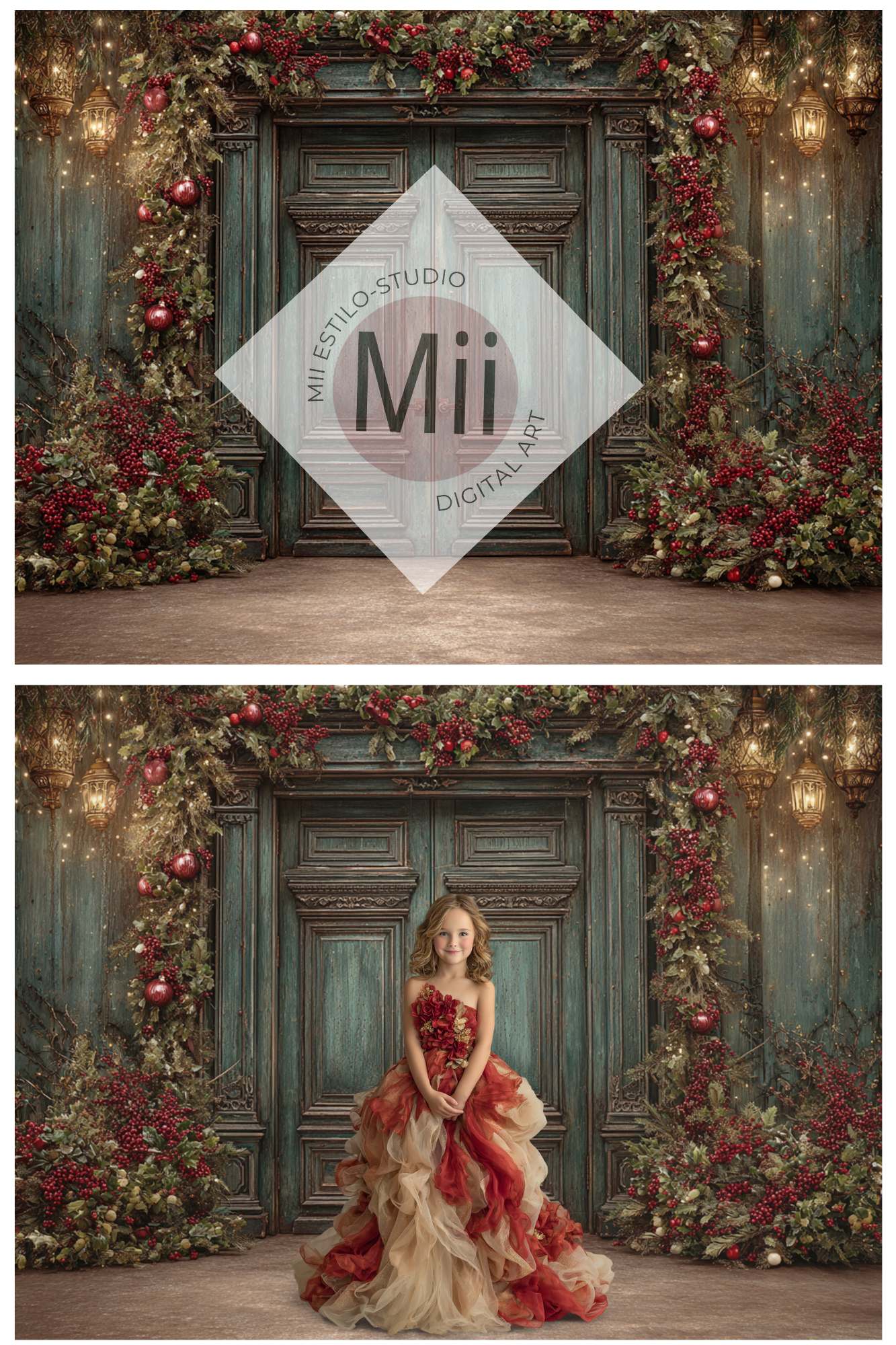 Christmas Green Doors Digital Backdrop Collection – Fine Art Holiday Backgrounds for Family and Portrait Photography - Mii - Estilo