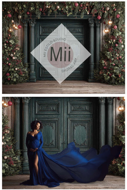 Christmas Green Doors Digital Backdrop Collection – Fine Art Holiday Backgrounds for Family and Portrait Photography - Mii - Estilo