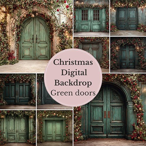 Christmas Green Doors Digital Backdrop Collection – Fine Art Holiday Backgrounds for Family and Portrait Photography - Mii - Estilo