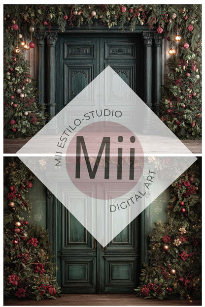 Christmas Green Doors Digital Backdrop Collection – Fine Art Holiday Backgrounds for Family and Portrait Photography - Mii - Estilo