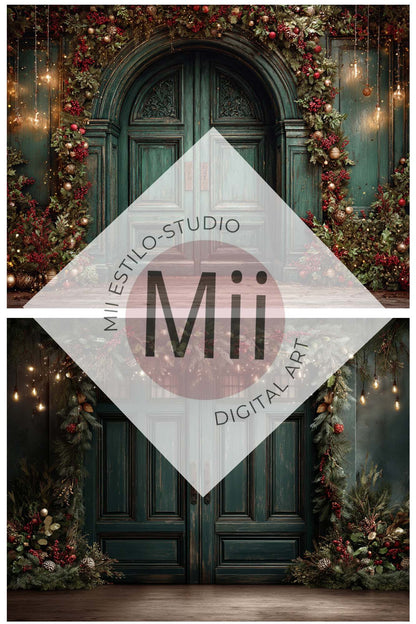 Christmas Green Doors Digital Backdrop Collection – Fine Art Holiday Backgrounds for Family and Portrait Photography - Mii - Estilo