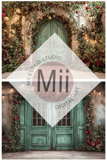 Christmas Green Doors Digital Backdrop Collection – Fine Art Holiday Backgrounds for Family and Portrait Photography - Mii - Estilo