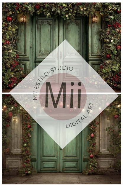 Christmas Green Doors Digital Backdrop Collection – Fine Art Holiday Backgrounds for Family and Portrait Photography - Mii - Estilo