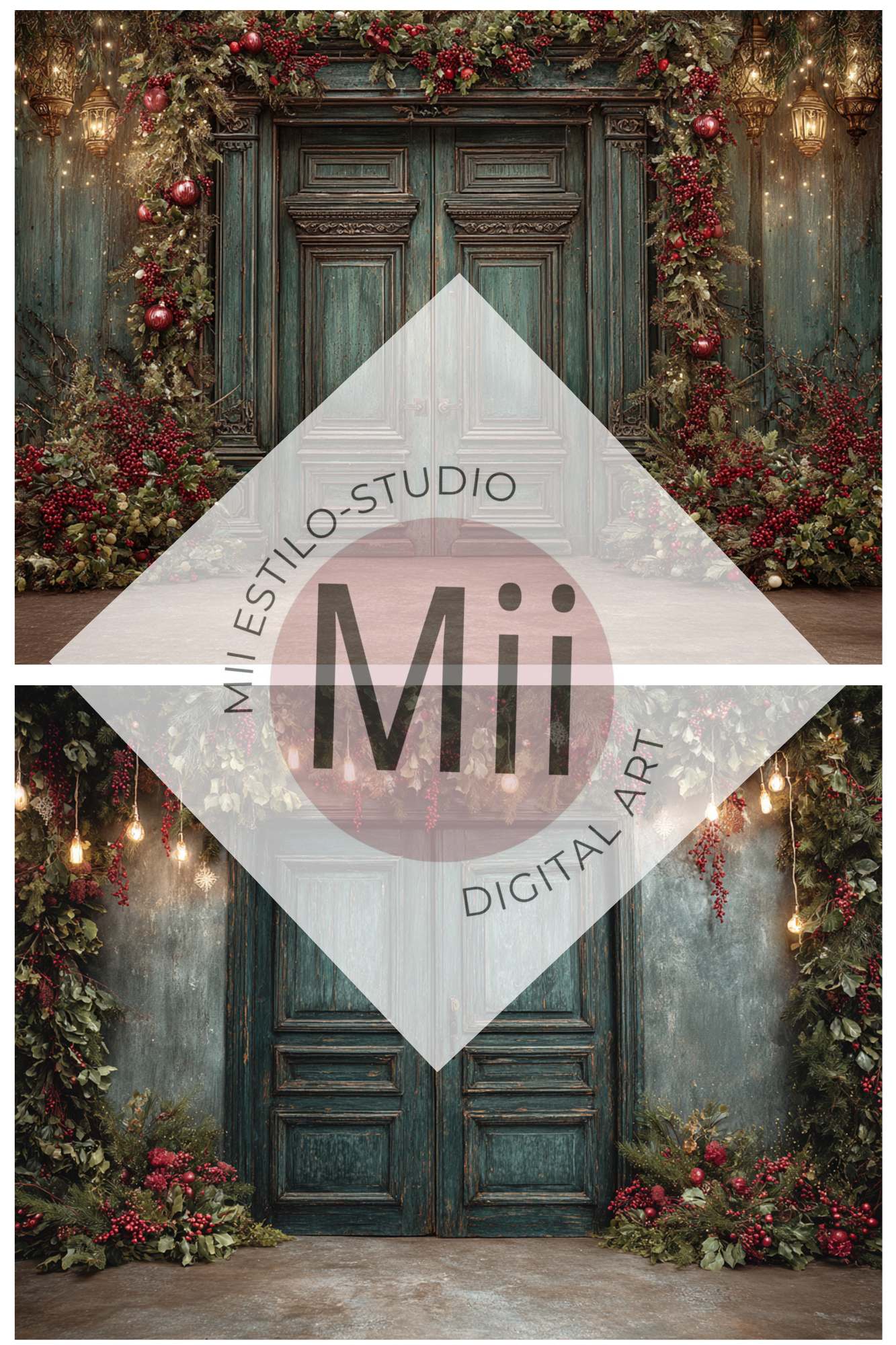 Christmas Green Doors Digital Backdrop Collection – Fine Art Holiday Backgrounds for Family and Portrait Photography - Mii - Estilo