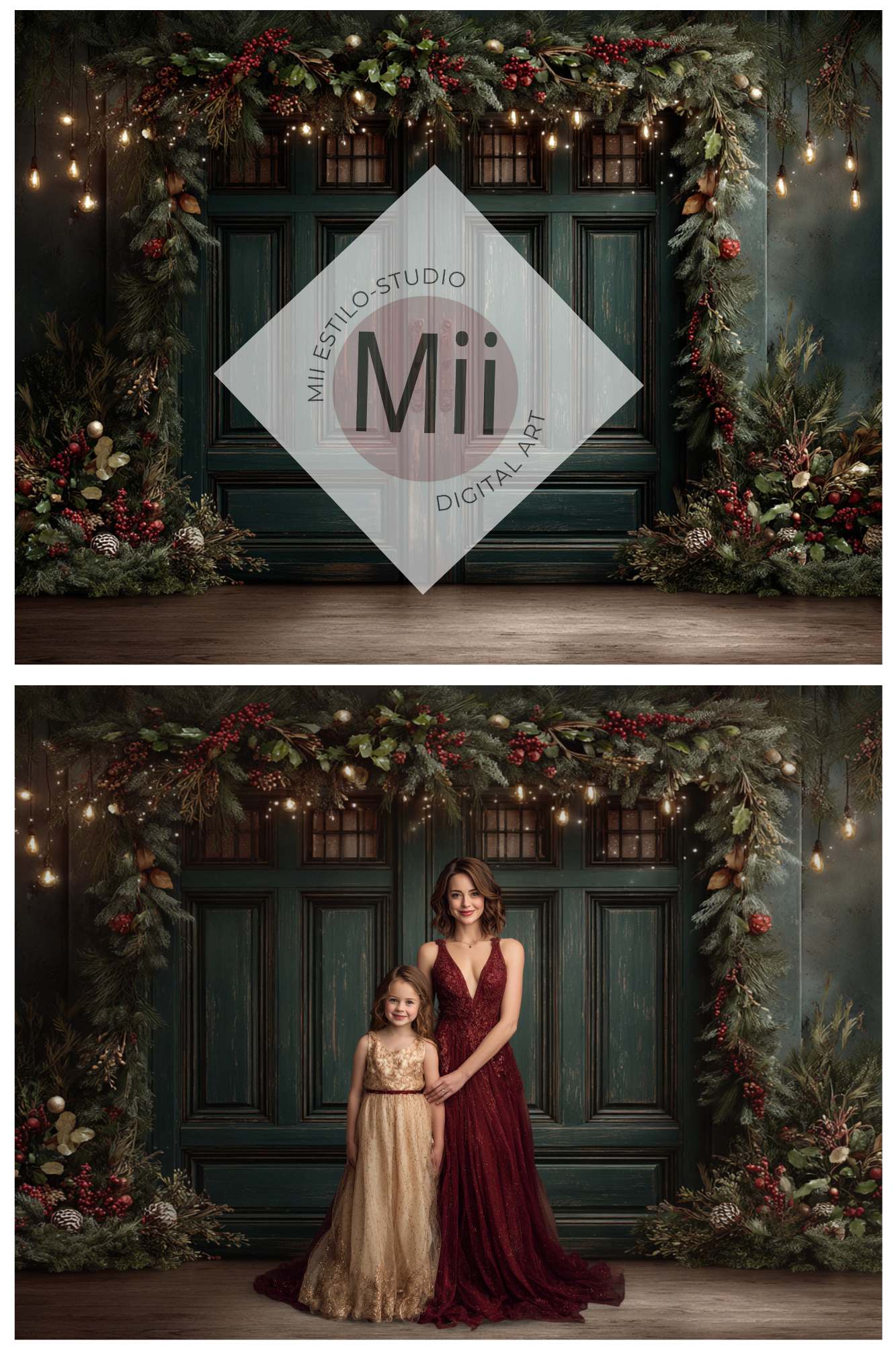 Christmas Green Doors Digital Backdrop Collection – Fine Art Holiday Backgrounds for Family and Portrait Photography - Mii - Estilo