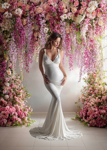 Romantic Pink Orchid Backdrop – Cascading Florals with Soft Blush Gradient Wall