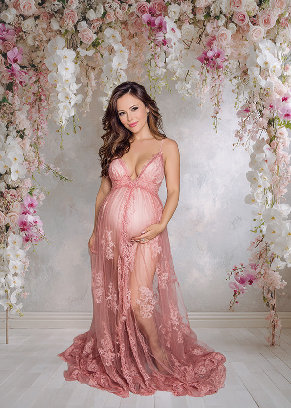 Romantic Pink Orchid Backdrop – Cascading Florals with Soft Blush Gradient Wall