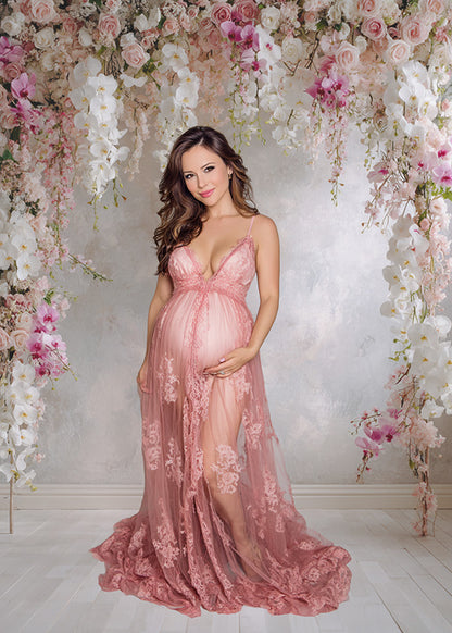 Romantic Pink Orchid Backdrop – Cascading Florals with Soft Blush Gradient Wall