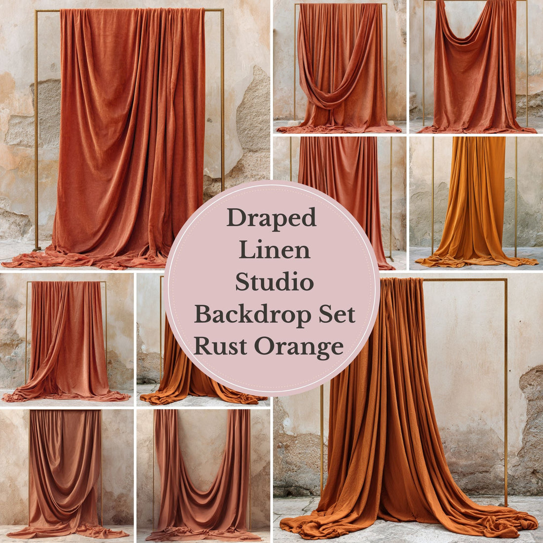 Draped Linen Studio Backdrop Set - Rust orange – Vintage Textured Wall, Fine Art Digital Backgrounds - Mii - Estilo