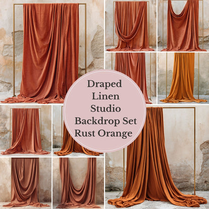 Draped Linen Studio Backdrop Set - Rust orange – Vintage Textured Wall, Fine Art Digital Backgrounds - Mii - Estilo