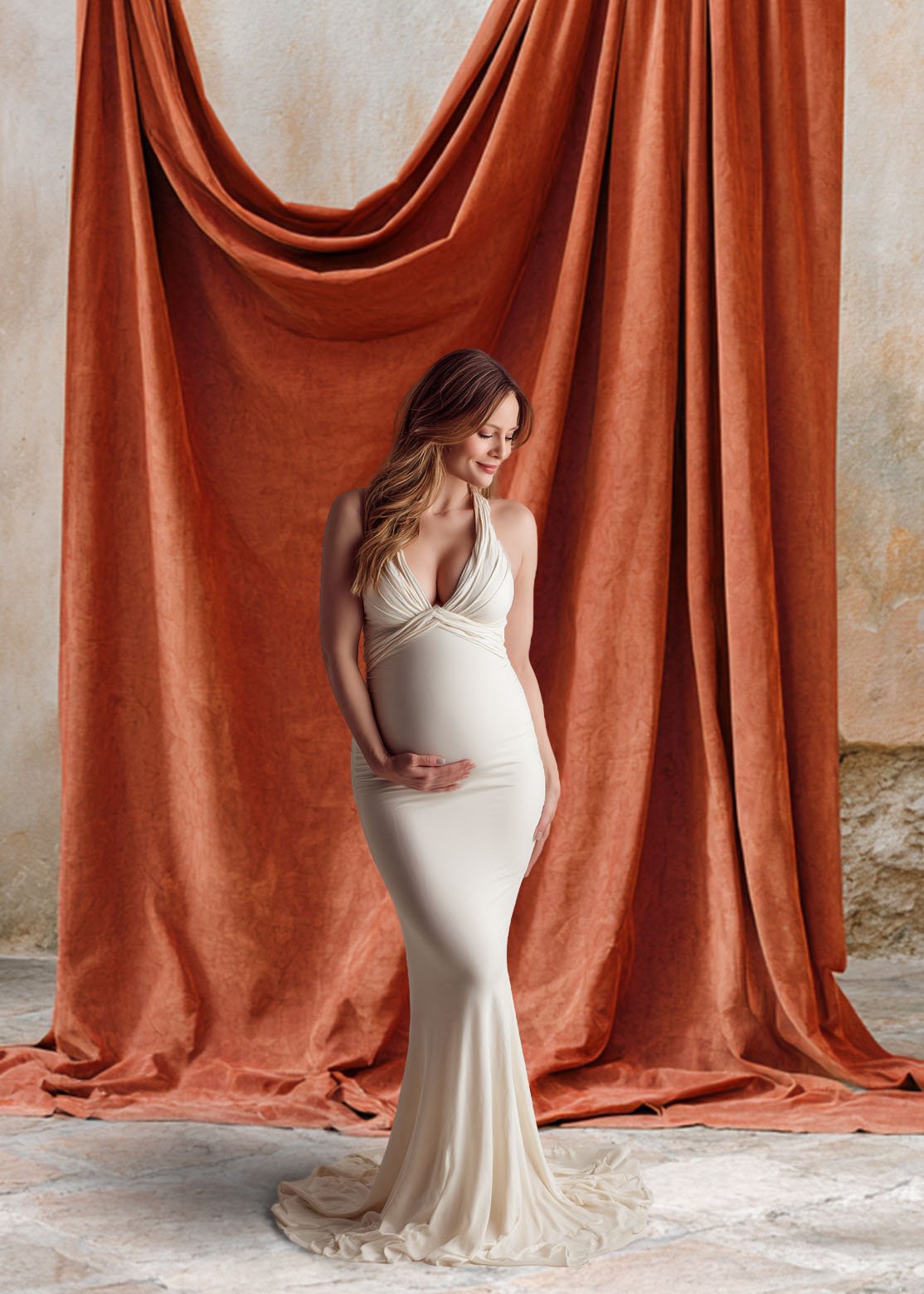 Draped Linen Studio Backdrop Set - Rust orange – Vintage Textured Wall, Fine Art Digital Backgrounds - Mii - Estilo