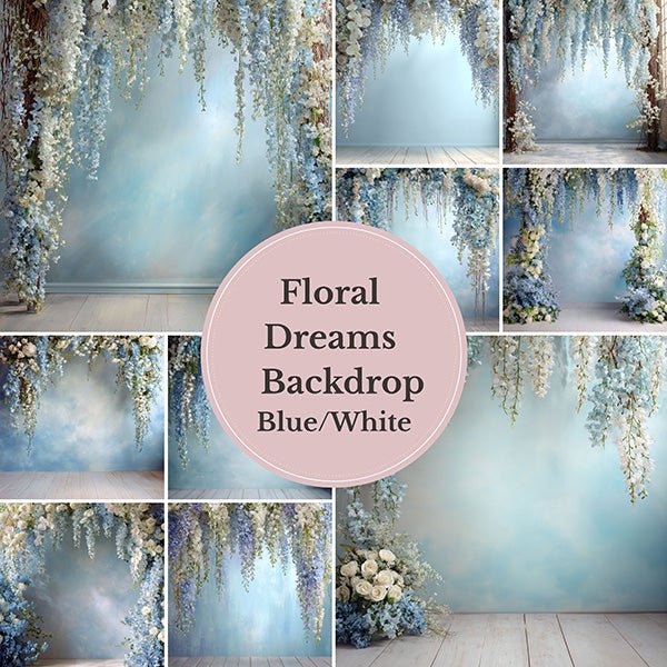 Elegant Blue Floral Arch Backdrop – Cascading White Orchids and Pastel Blossoms with Soft Sky Gradient Wall - Mii - Estilo