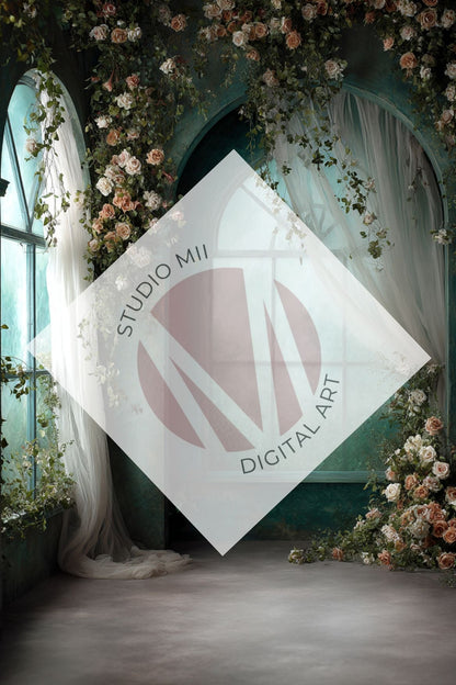 Emerald Floral Window Digital Backdrop Collection – Fine Art Photography Backgrounds - Studio Mulder