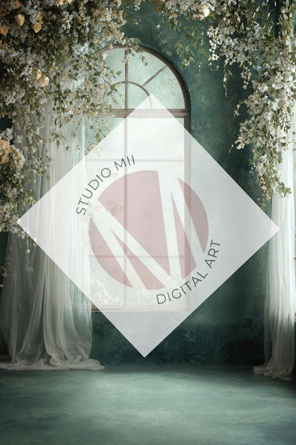 Emerald Floral Window Digital Backdrop Collection – Fine Art Photography Backgrounds - Studio Mulder