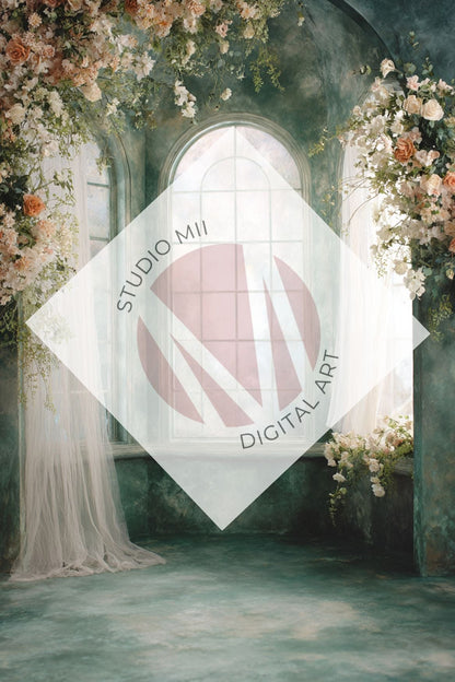Emerald Floral Window Digital Backdrop Collection – Fine Art Photography Backgrounds - Studio Mulder