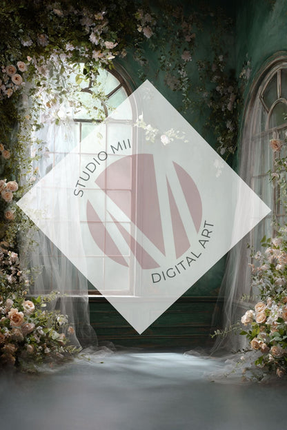 Emerald Floral Window Digital Backdrop Collection – Fine Art Photography Backgrounds - Studio Mulder