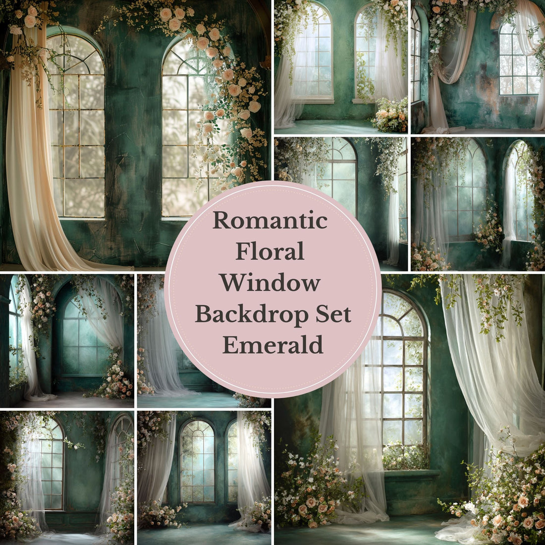 Emerald Floral Window Digital Backdrop Collection – Fine Art Photography Backgrounds - Studio Mulder