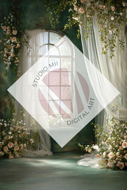 Emerald Floral Window Digital Backdrop Collection – Fine Art Photography Backgrounds - Studio Mulder