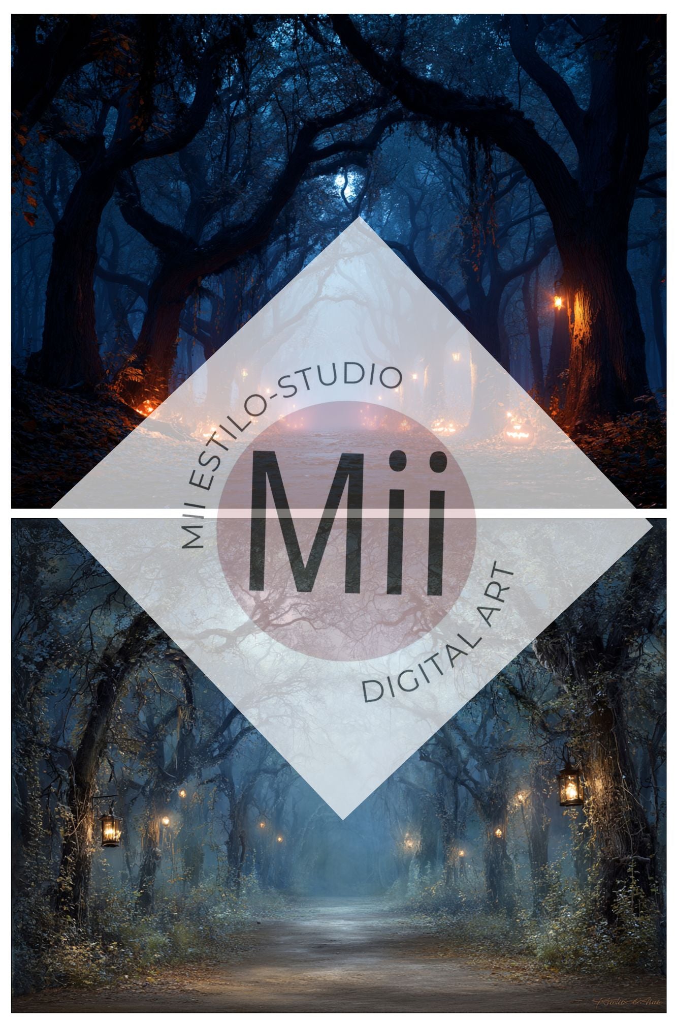 Enchanted Forest Path Backdrop – Haunted Halloween Woods with Lanterns and Pumpkins - Mii - Estilo