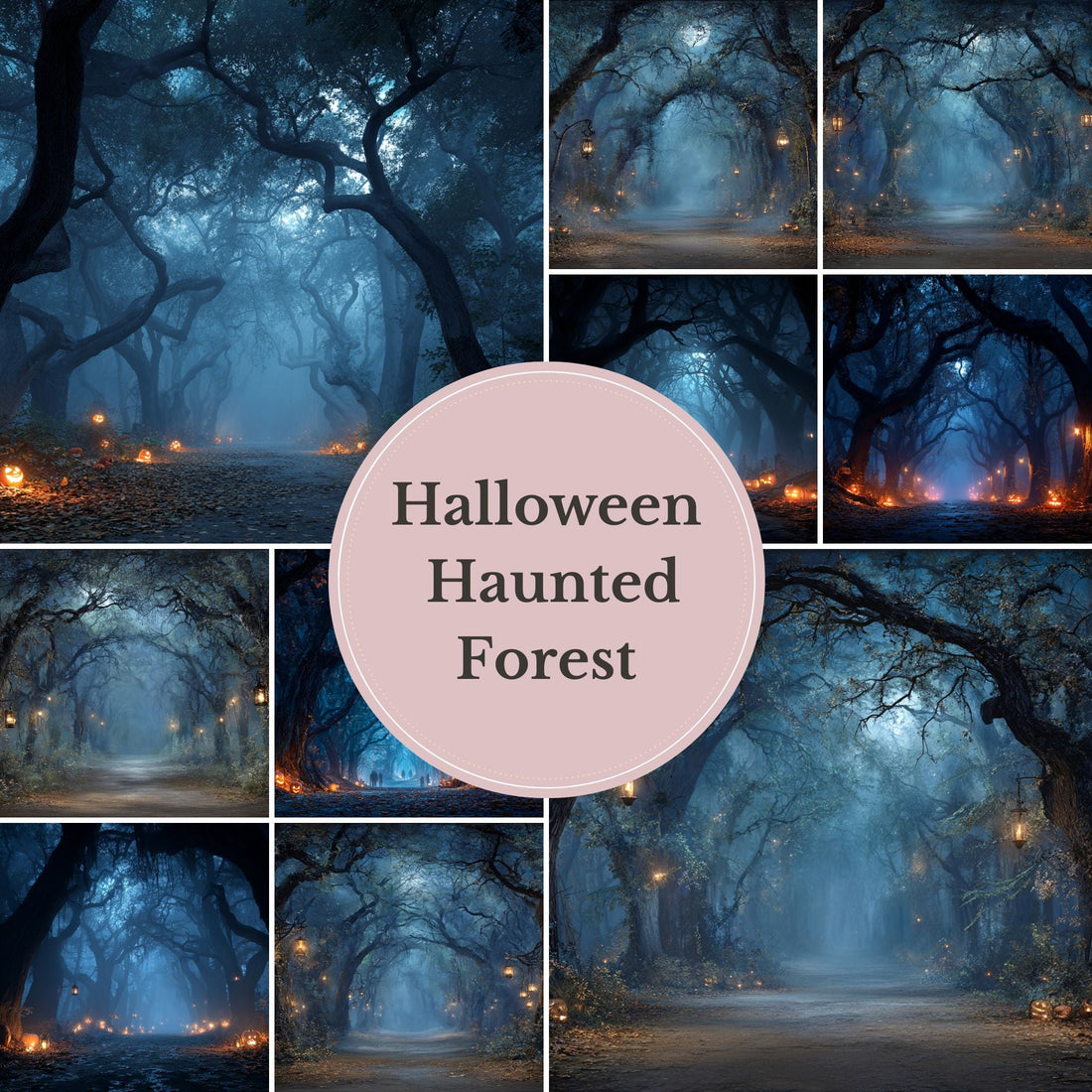 Enchanted Forest Path Backdrop – Haunted Halloween Woods with Lanterns and Pumpkins - Mii - Estilo