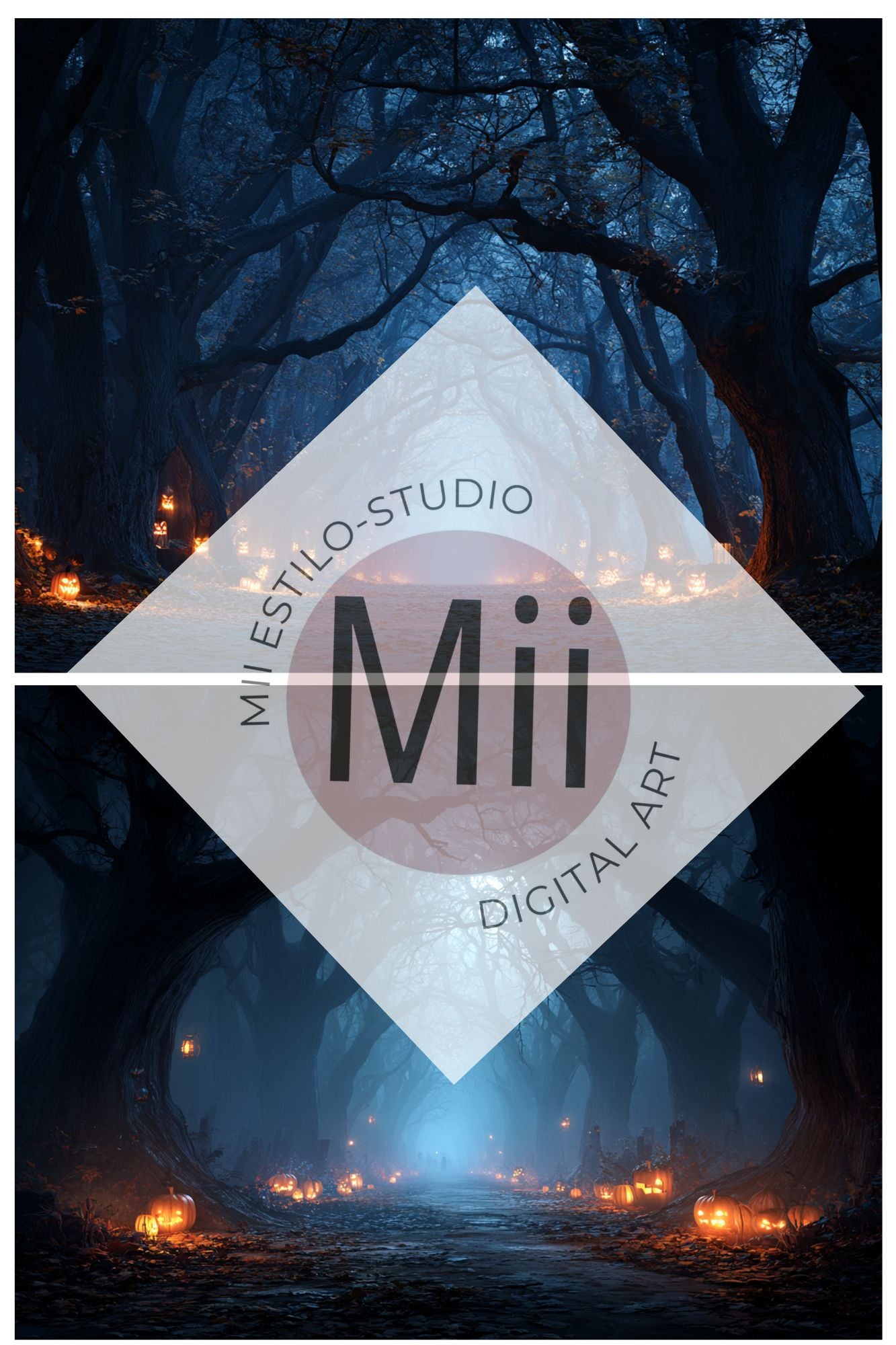 Enchanted Forest Path Backdrop – Haunted Halloween Woods with Lanterns and Pumpkins - Mii - Estilo