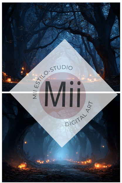 Enchanted Forest Path Backdrop – Haunted Halloween Woods with Lanterns and Pumpkins - Mii - Estilo