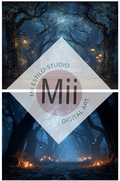 Enchanted Forest Path Backdrop – Haunted Halloween Woods with Lanterns and Pumpkins - Mii - Estilo