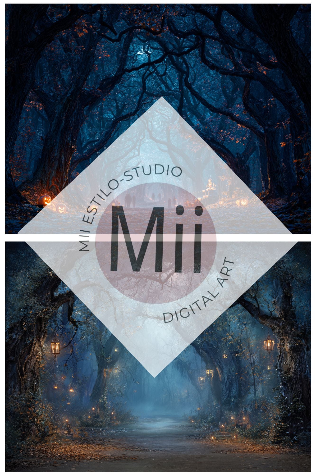 Enchanted Forest Path Backdrop – Haunted Halloween Woods with Lanterns and Pumpkins - Mii - Estilo