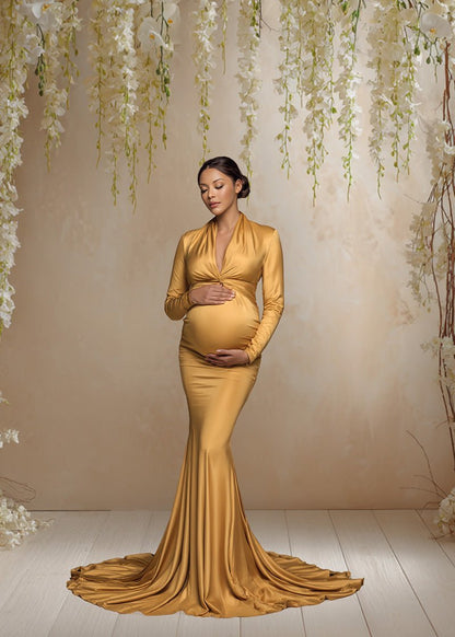 Golden Floral Backdrop – Cascading Yellow Roses and Orchids with Soft Warm Gradient Wall - Mii - Estilo