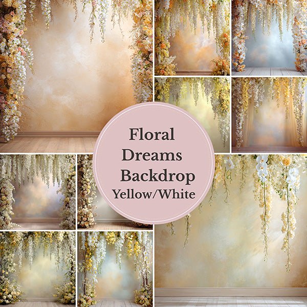 Golden Floral Backdrop – Cascading Yellow Roses and Orchids with Soft Warm Gradient Wall - Mii - Estilo