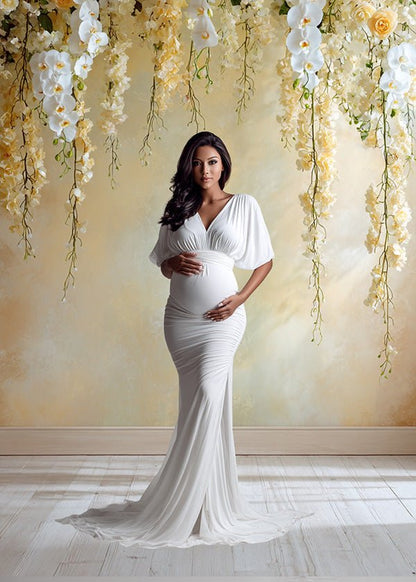 Golden Floral Backdrop – Cascading Yellow Roses and Orchids with Soft Warm Gradient Wall - Mii - Estilo