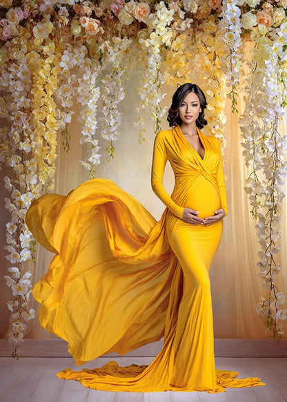 Golden Floral Backdrop – Cascading Yellow Roses and Orchids with Soft Warm Gradient Wall - Mii - Estilo