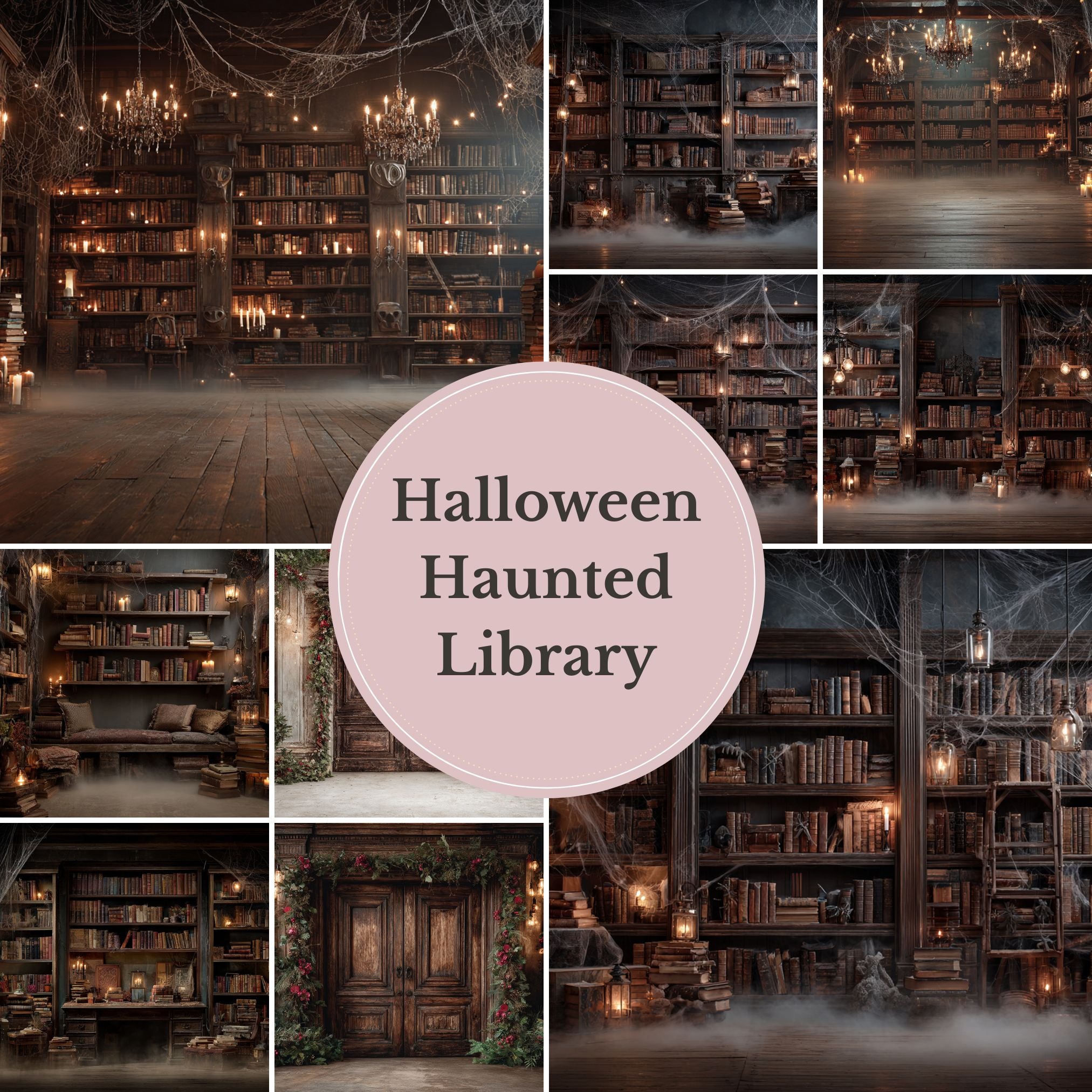 Haunted Library Backdrop – Vintage Dark Book Room with Candles, Cobweb ...