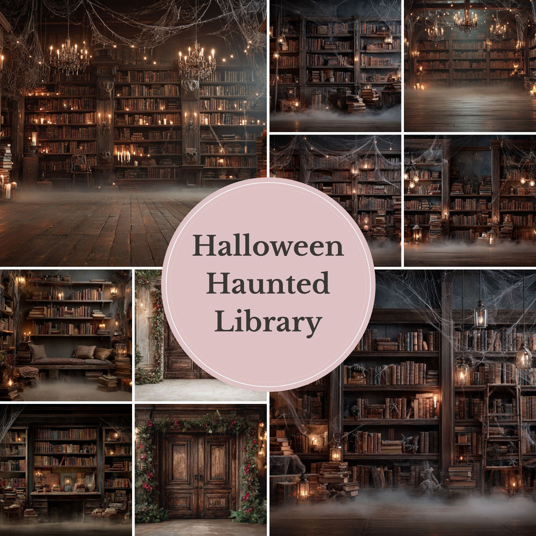 Haunted Library Backdrop – Vintage Dark Book Room with Candles, Cobwebs and Moody Halloween Atmosphere - Mii - Estilo