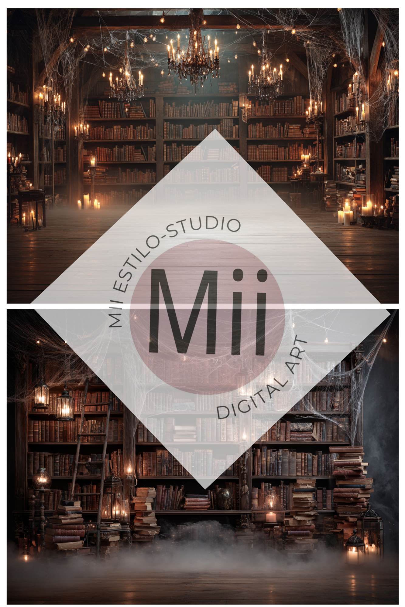 Haunted Library Backdrop – Vintage Dark Book Room with Candles, Cobwebs and Moody Halloween Atmosphere - Mii - Estilo