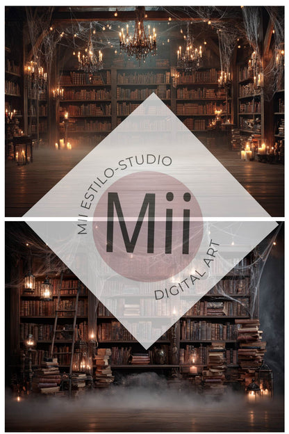 Haunted Library Backdrop – Vintage Dark Book Room with Candles, Cobwebs and Moody Halloween Atmosphere - Mii - Estilo