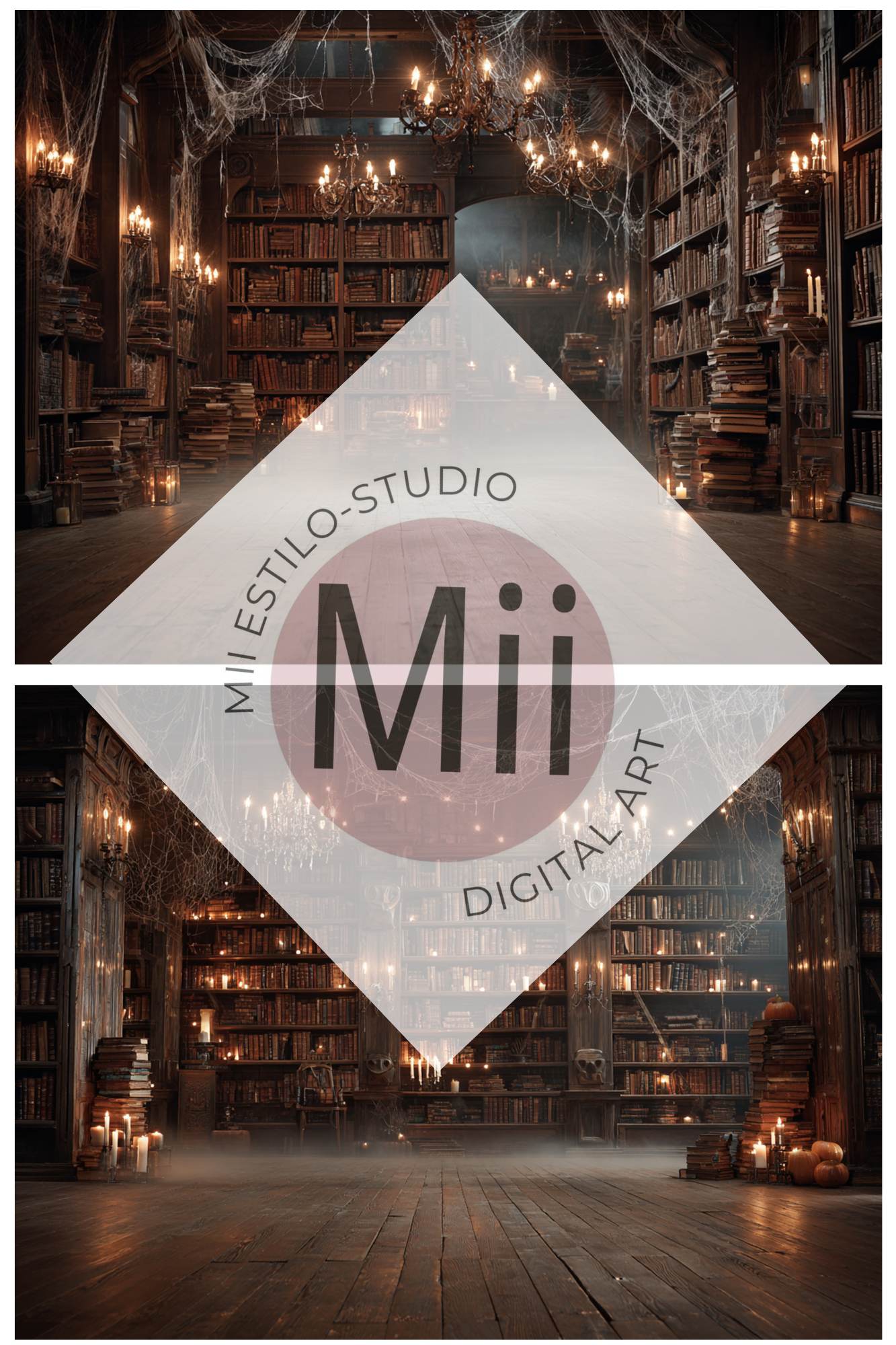 Haunted Library Backdrop – Vintage Dark Book Room with Candles, Cobwebs and Moody Halloween Atmosphere - Mii - Estilo
