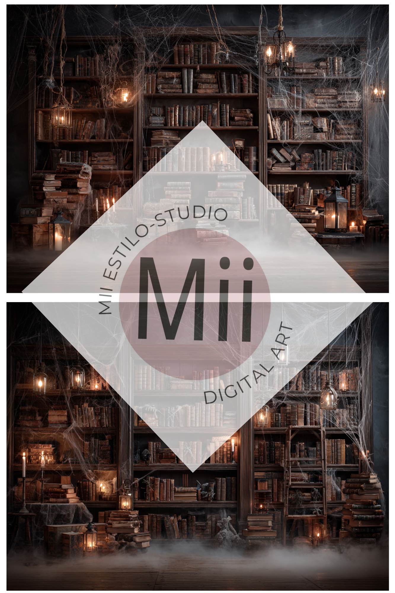 Haunted Library Backdrop – Vintage Dark Book Room with Candles, Cobwebs and Moody Halloween Atmosphere - Mii - Estilo