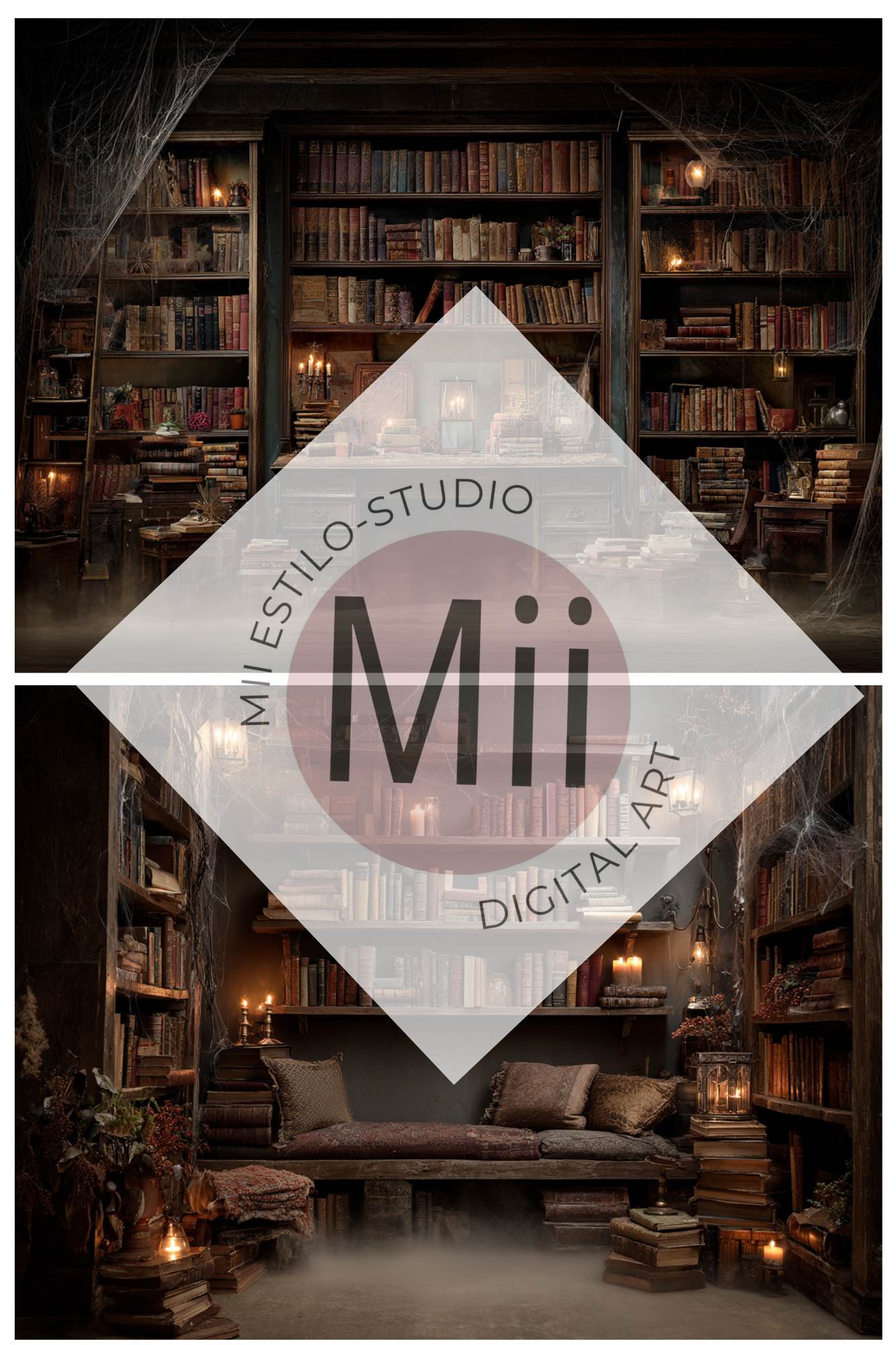 Haunted Library Backdrop – Vintage Dark Book Room with Candles, Cobwebs and Moody Halloween Atmosphere - Mii - Estilo