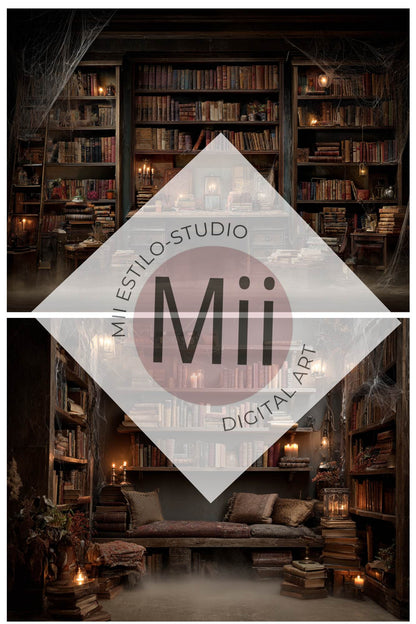 Haunted Library Backdrop – Vintage Dark Book Room with Candles, Cobwebs and Moody Halloween Atmosphere - Mii - Estilo