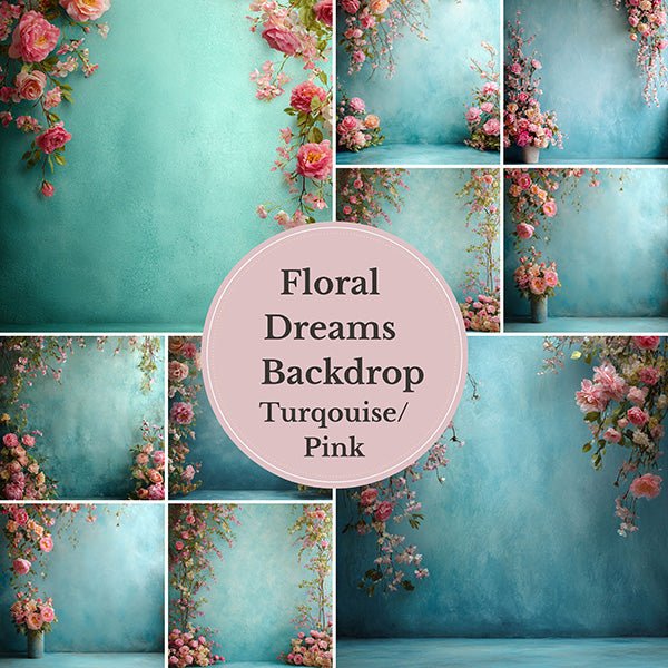Romantic Garden Backdrop – Pink Roses and Blossoms with Soft Turquoise Wall - Mii - Estilo